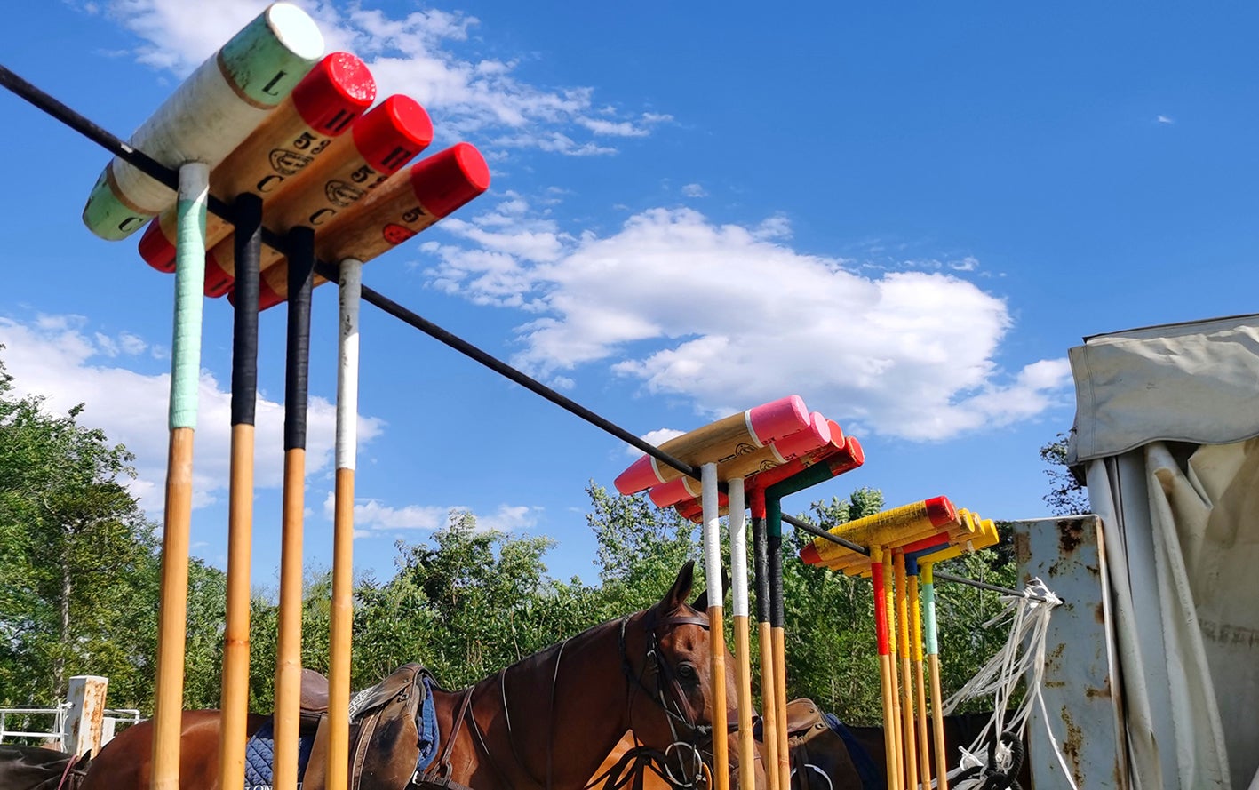 Polo mallets hang against the backdrop of a beautiful blue sky in Tianjin