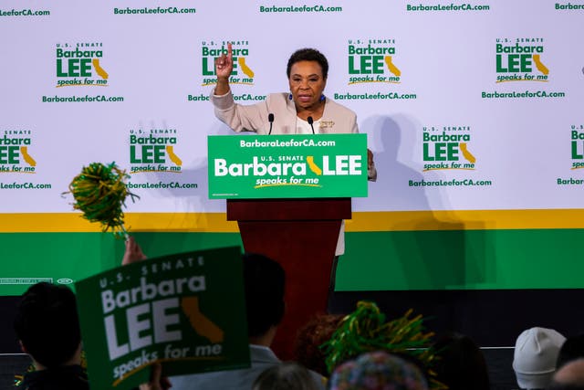 <p>Barbara Lee speaks at her US Senate campaign launch event </p>