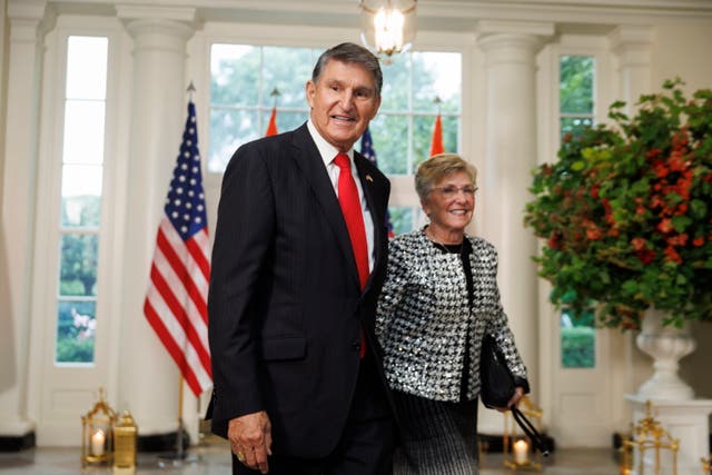 <p>Senator Joe Manchin (L), a Democrat from West Virginia, and Gayle Manchin (R), arrive to attend a state dinner in honor of Indian Prime Minister Narendra Modi hosted by US President Joe Biden and First Lady Jill Biden at the White House in Washington, DC, USA, 22 June 2023</p>