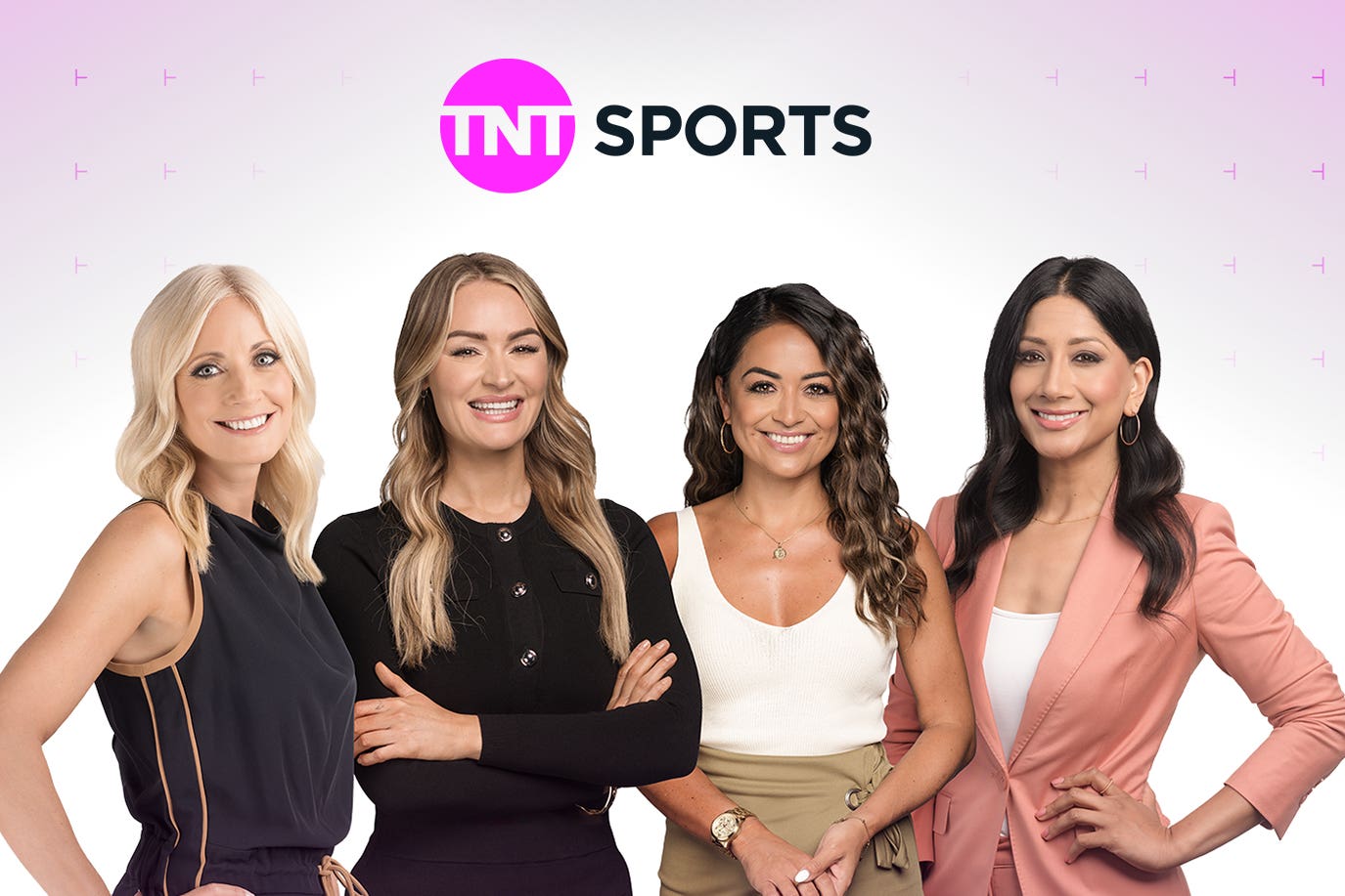 TNT Sports has four women in prominent presenter roles for its football coverage – Lynsey Hipgrave (left), Laura Woods (second left), Jules Breach (second right) and Reshmin Chowdhury (right)