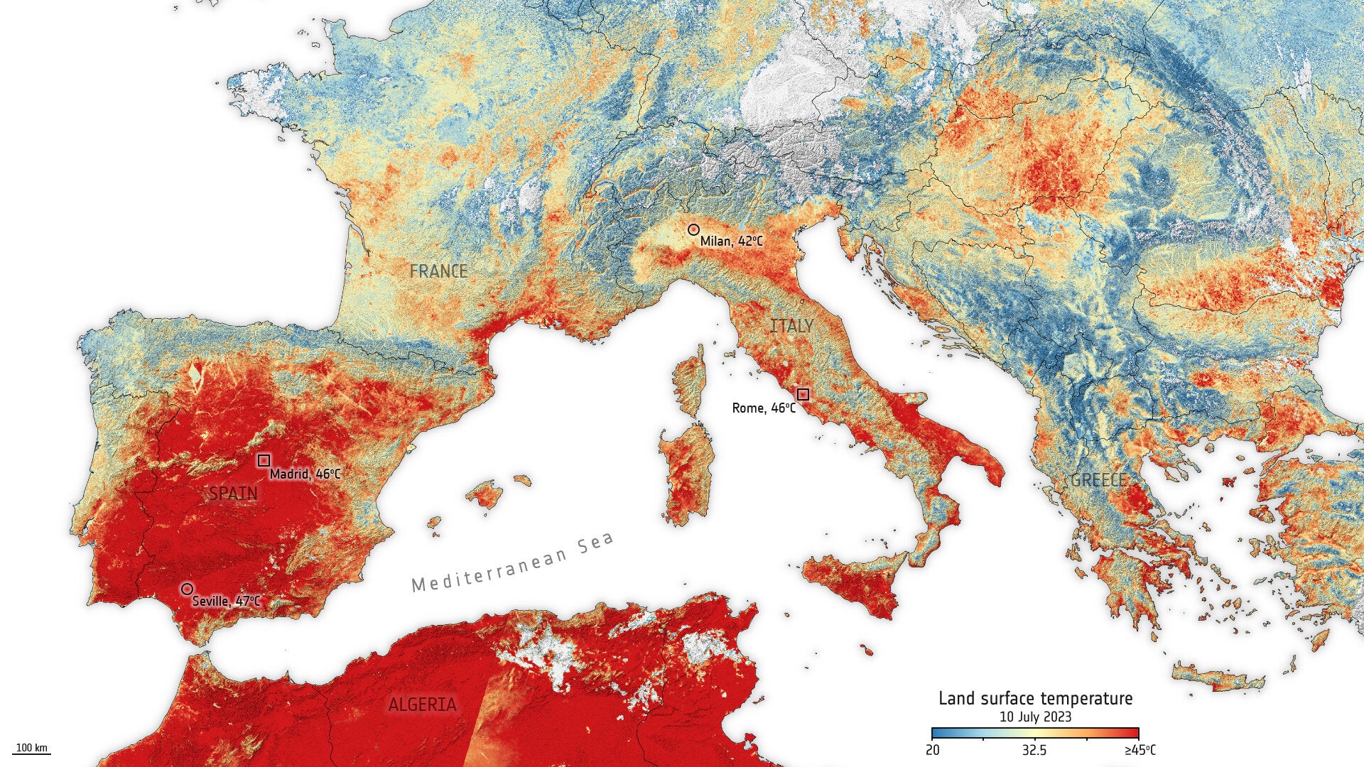 Satellite images show the land surface temperature across Europe and parts of northern Africa last week. Land surface temperatures hit 46C in Rome while Madrid and Seville reached 46 and 47C, respectively