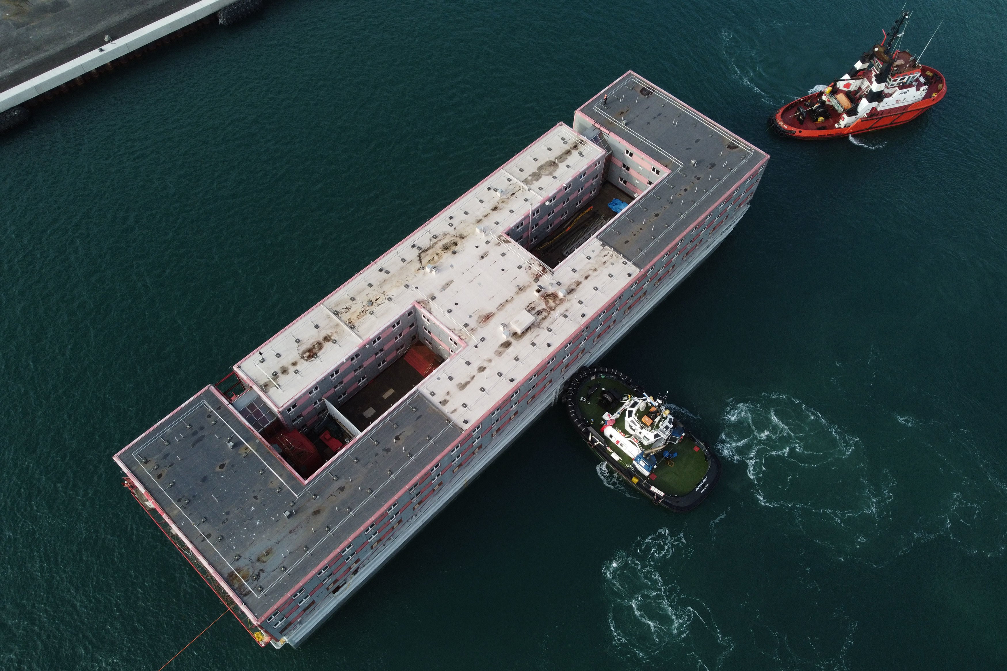 Aerial view of the ‘Bibby Stockholm’ accommodation barge