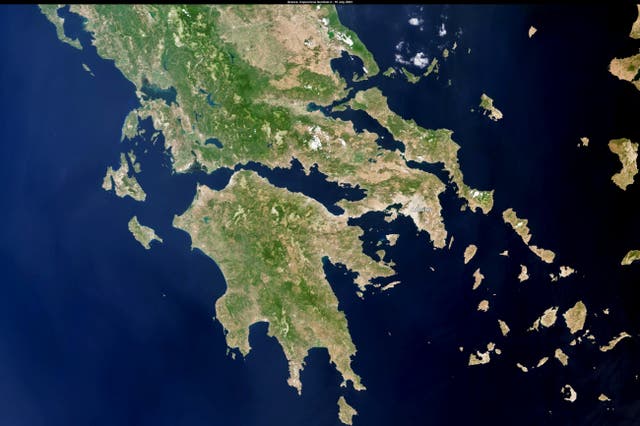 <p>One of the Copernicus Sentinel-3 satellite images captured on 16 July 2023 reveals a clear view of Greece without clouds, illustrating the ongoing exceptional heatwave in southern Europe</p>