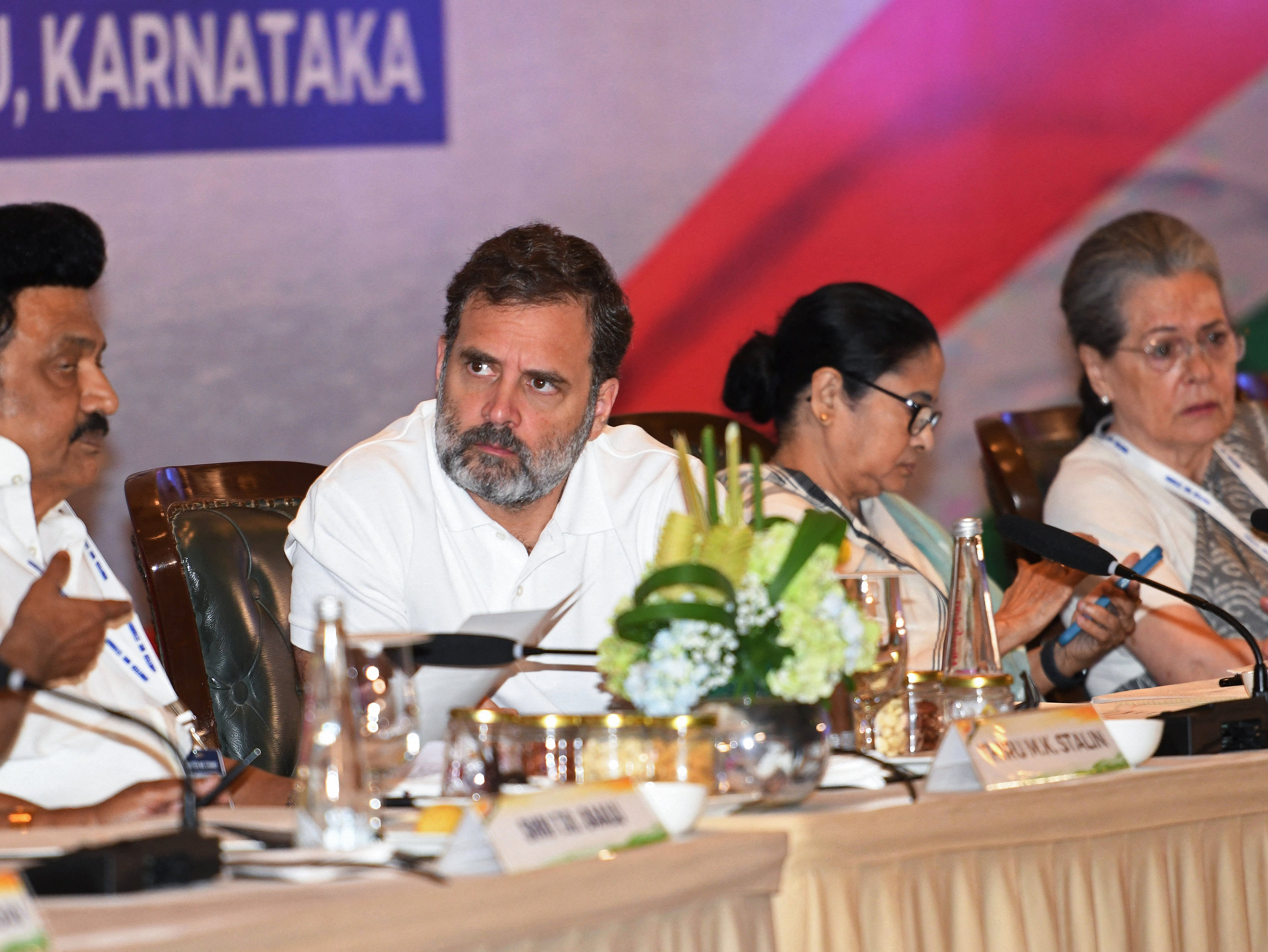 (2L-R) Chief Minister of Tamil Nadu MK Stalin, Congress party leader Rahul Gandhi, Chief Minister of West Bengal Mamata Banerjee and senior Congress Party leader Sonia Gandhi attend opposition parties meeting in Bengaluru on 18 July 2023