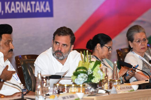 <p>(2L-R) Chief Minister of Tamil Nadu MK Stalin, Congress party leader Rahul Gandhi, Chief Minister of West Bengal Mamata Banerjee and senior Congress Party leader Sonia Gandhi attend opposition parties meeting in Bengaluru on 18 July 2023</p>