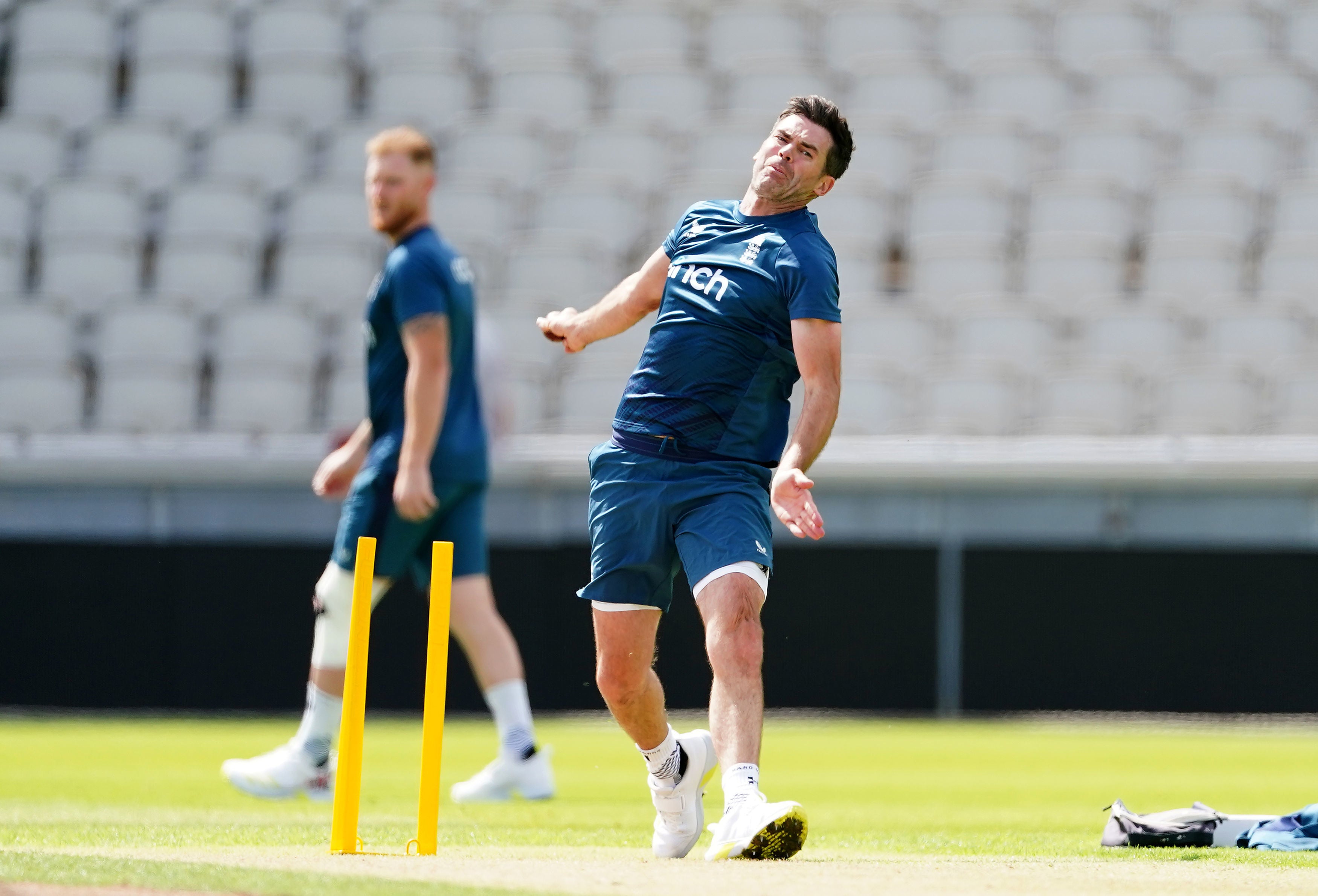 James Anderson trains in Manchester as Ben Stokes looks on