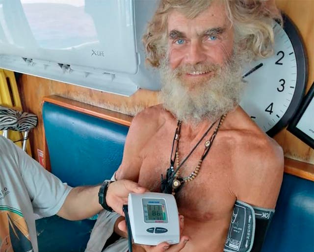 <p>In this 12 July 2023 photo provided by Grupomar/Atun Tuny, Australian Tim Shaddock has his blood pressure taken after being rescued by a Mexican tuna boat in international waters, after being adrift with his dog for three months. Haddock and his dog Bella were aboard his incapacitated catamaran Aloha Toa some 1,200 miles from land when they were rescued</p>