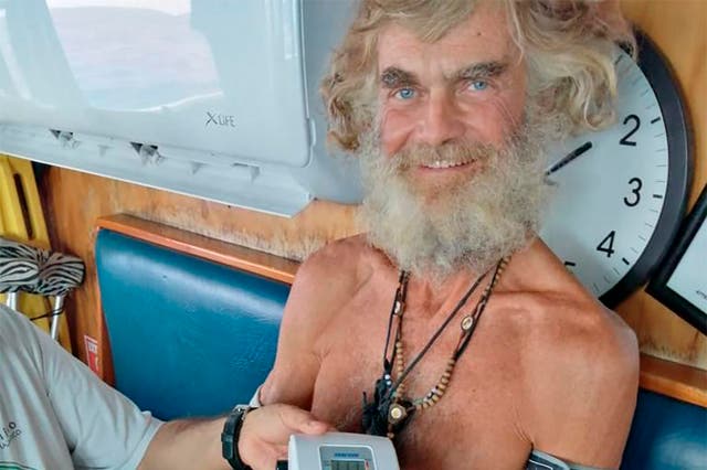 <p>In this 12 July 2023 photo provided by Grupomar/Atun Tuny, Australian Tim Shaddock has his blood pressure taken after being rescued by a Mexican tuna boat in international waters, after being adrift with his dog for three months. Haddock and his dog Bella were aboard his incapacitated catamaran Aloha Toa some 1,200 miles from land when they were rescued</p>