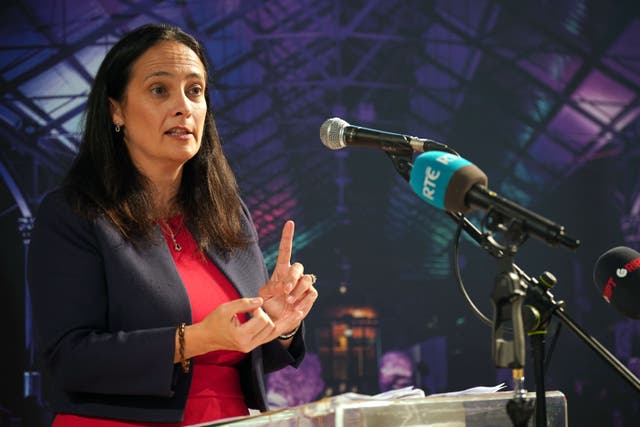 Department of Culture and Media minister Catherine Martin speaking at the Smock Alley Theatre in Temple Bar, Dublin, to announce support for the night-time economy. The department released figures that indicate there was a 27% drop in the number of licence fees issued in the first full week in July (Niall Carson/PA)