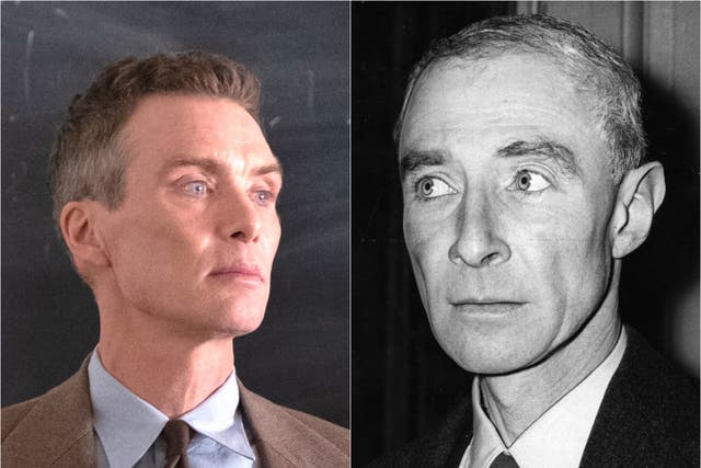 <p>Cillian Murphy in ‘Oppenheimer’ (left) and J Robert Oppenheimer</p>