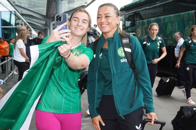Katie McCabe has a selfie with a fan ahead of the Republic of Ireland’s World Cup opener (Brian Lawless/PA)