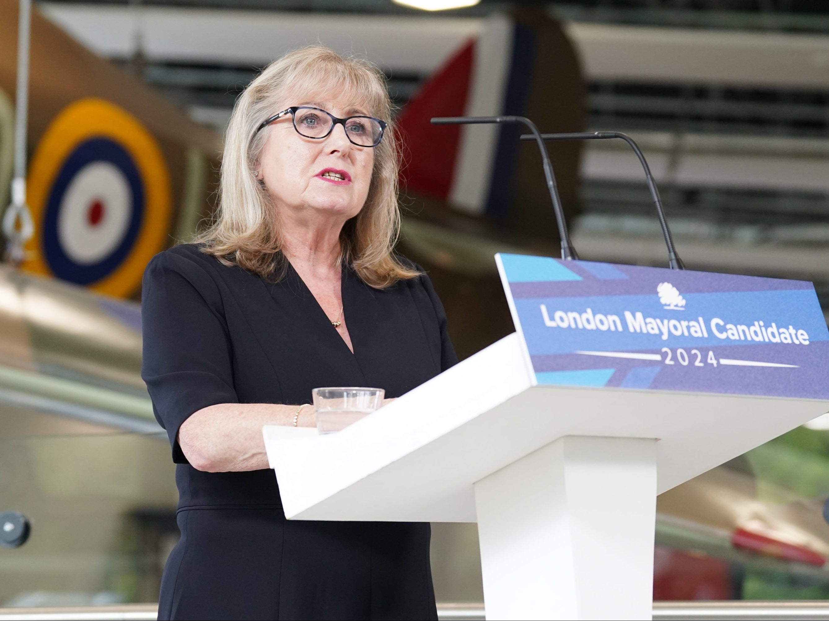 Susan Hall speaks to the media at the Battle of Britain Bunker in Uxbridge, west London, after being named as the Conservative Party candidate for the Mayor of London election in 2024