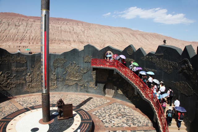 <p>File photo from 2013 shows a massive thermometer installed at the Flaming Mountains of Turpan in northwest China’s Xinjiang region  displaying a surface temperature of 78C</p>