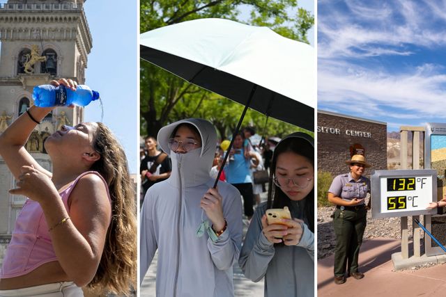 <p>From left to right: A girl pours a bottle of water on her face and head as she cools off in front of a church in the centre of Messina in Sicily; pedestrians shelter from the sun under an umbrella in Bejing; US park rangers photograph next to the unofficial thermometer at the Furnace Creek indicating a temperature of 132 degrees</p>