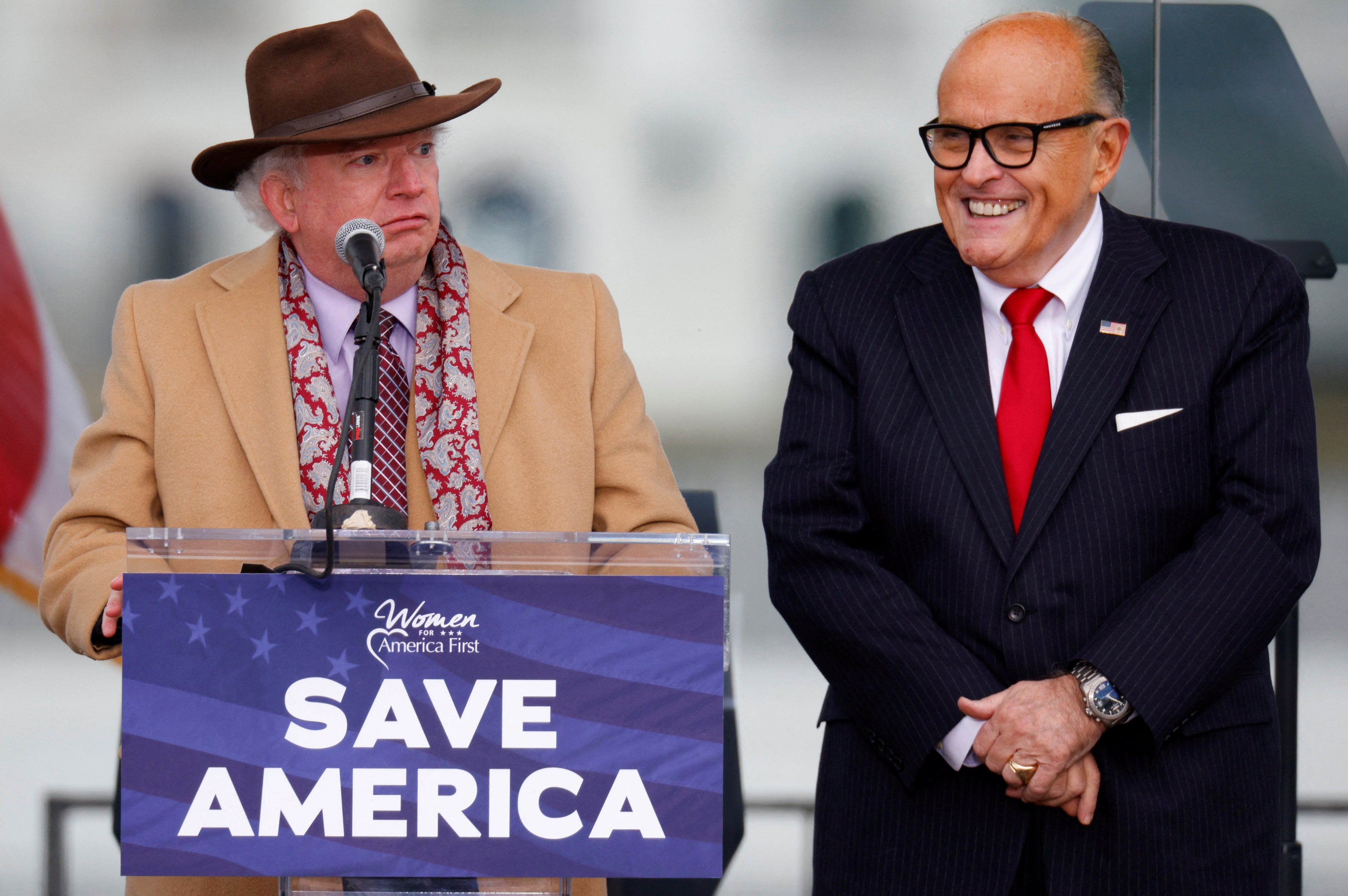 Former Trump attorneys John Eastman and Rudy Giuliani speak to the former president’s supporters in Washington, DC, on 6 January 2021.