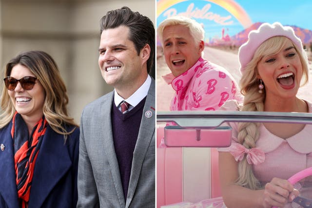 <p>Matt Gaetz and wife Ginger on left and Margot Robbie and Ryan Gosling in Barbie movie on right </p>