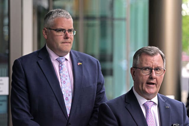DUP leader Sir Jeffrey Donaldson (right) and his deputy Gavin Robinson met with Chris Heaton-Harris on Wednesday (Brian Lawless/PA)
