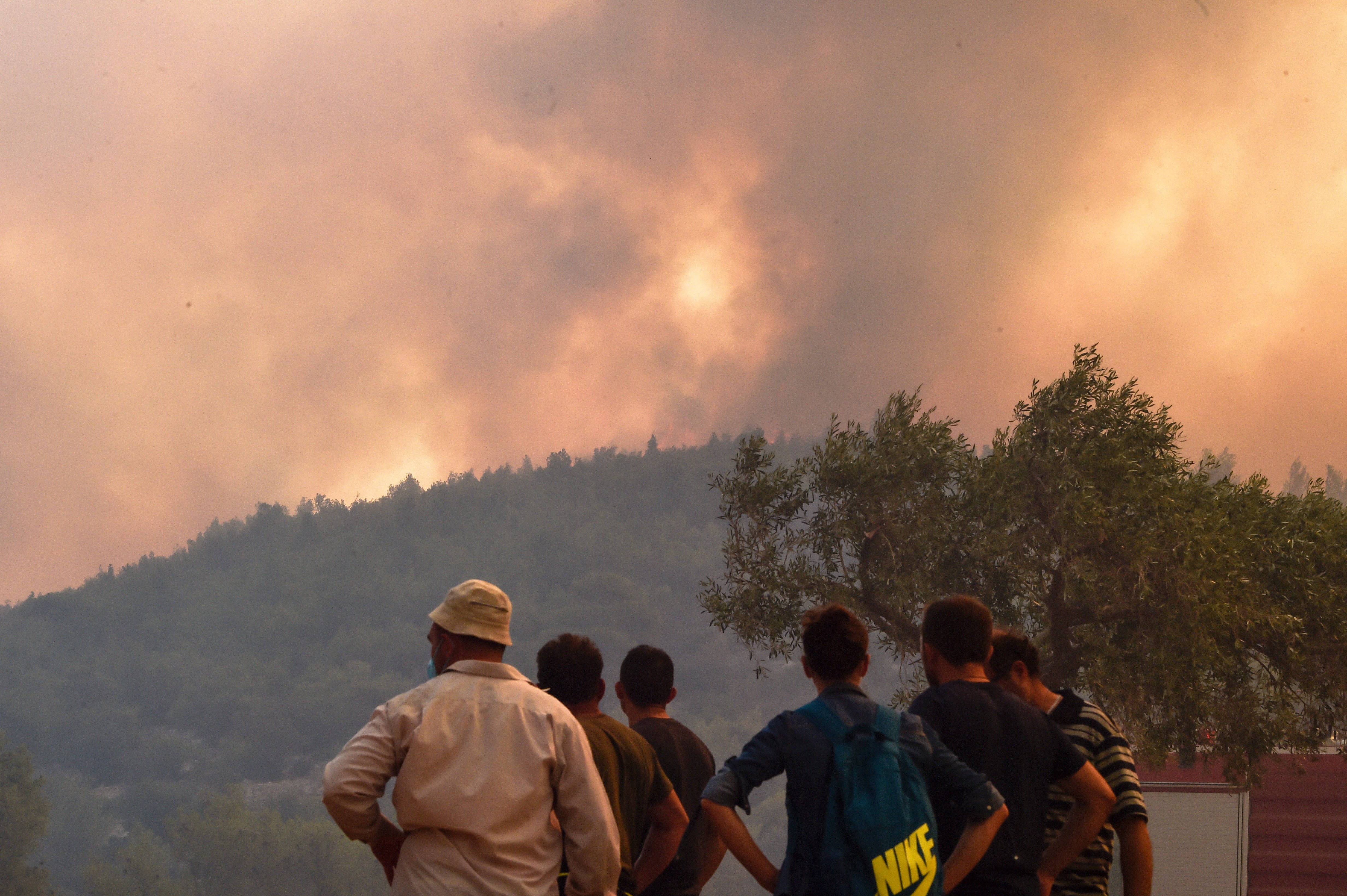 Locals view a wildfire near the village Vlyhada near Athens