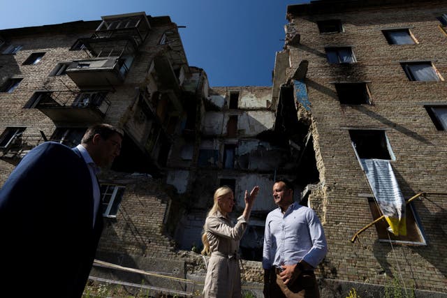 Taoiseach Leo Varadkar is shown destroyed buildings, amid Russia’s invasion of Ukraine, in Kyiv, Ukraine (Clodagh Kilcoyne/PA)
