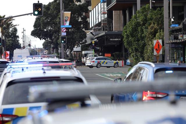 <p>Police vehicles are seen near the location of a the shooting in Auckland, New Zealand</p>