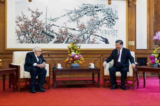 <p>In this photo released by Xinhua News Agency, Chinese president Xi Jinping talks to former US secretary of state Henry Kissinger during a meeting at the Diaoyutai State Guesthouse in Beijing on 20 July 2023</p>