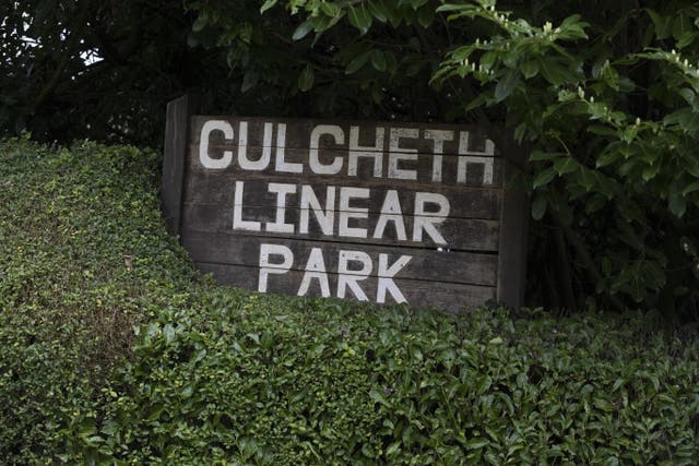 The sign for Culcheth Linear Park in Warrington, Cheshire, following the death of Brianna Ghey, 16 (Jason Roberts/PA)