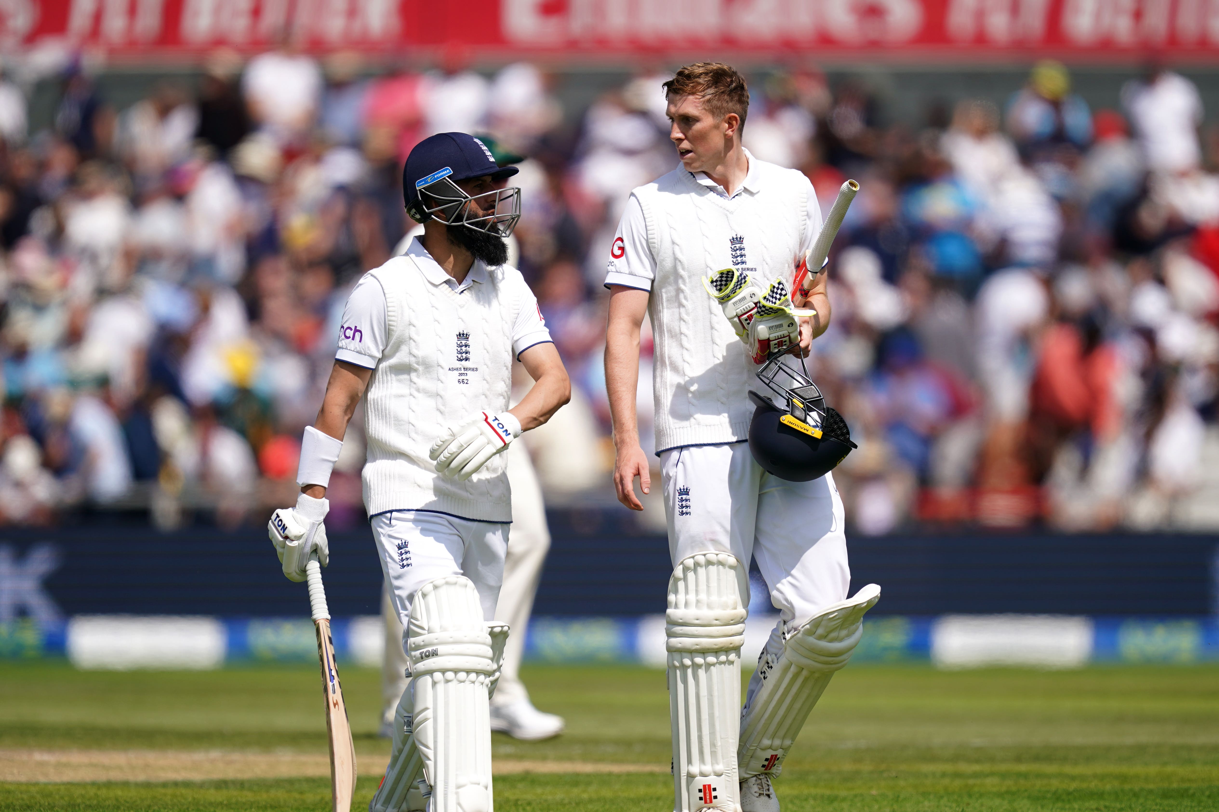 England’s Moeen Ali (left) and Zak Crawley took England to 61 for one at lunch on day two at Old Trafford (Martin Rickett/PA)