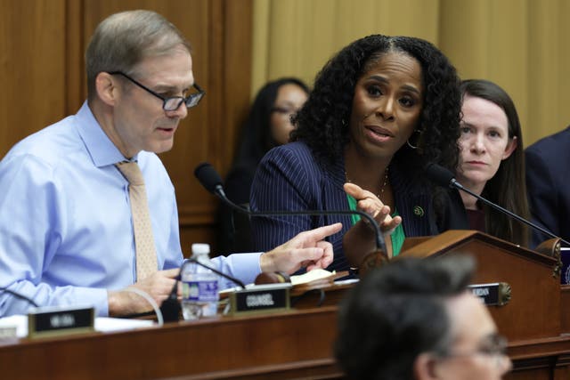 <p>Ranking member Rep. Stacey Plaskett (D-VI) (R) debates with Chairman Rep. Jim Jordan (R-OH) (L) during a hearing before the Select Subcommittee on the Weaponization of the Federal Government of the House Judiciary Committee at Rayburn House Office Building on May 18, 2023 on Capitol Hill in Washington, DC.</p>