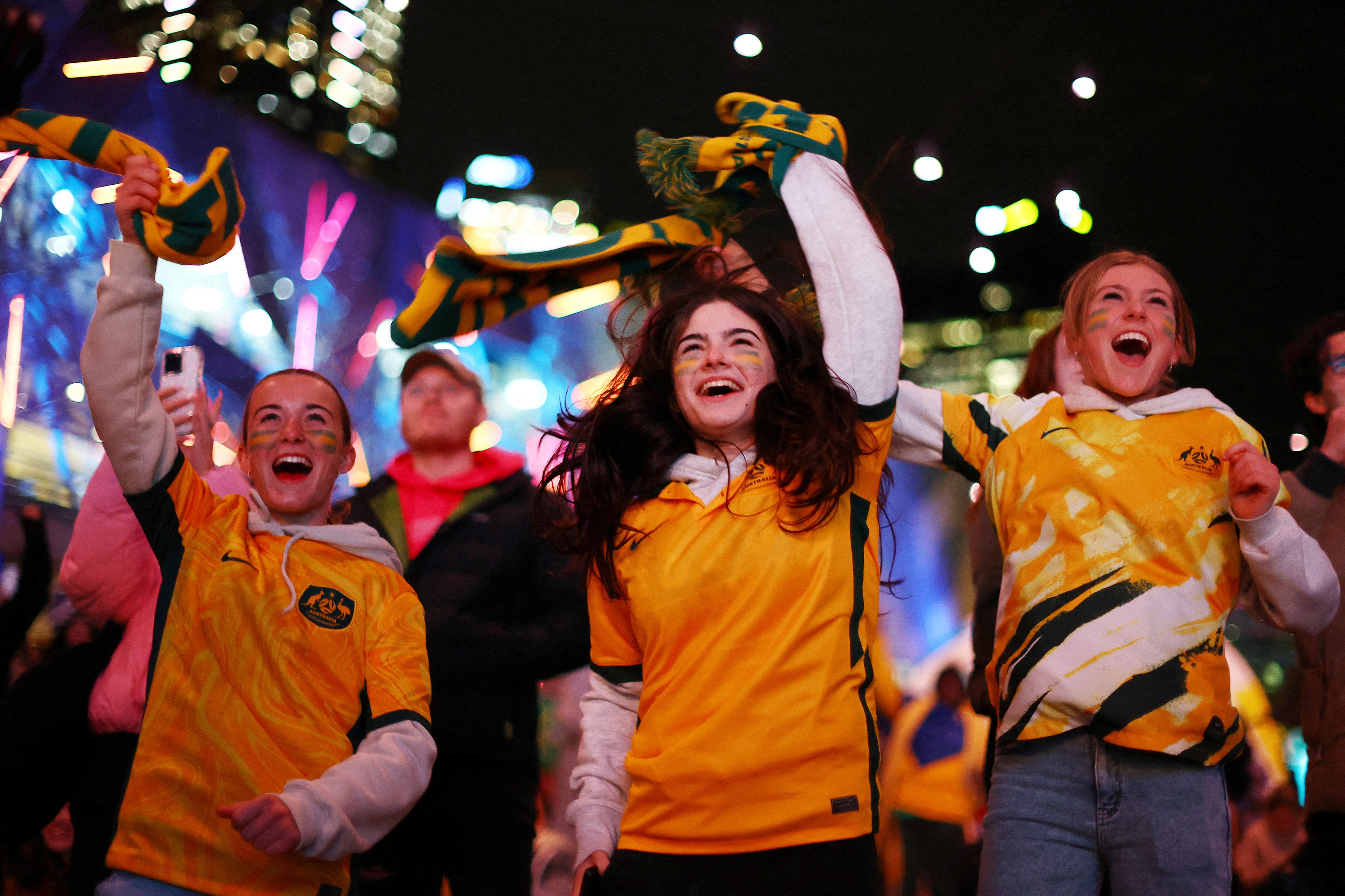 Australia fans celebrate after Stephanie Catley scores their first goal during their group stage match against the Republic of Ireland