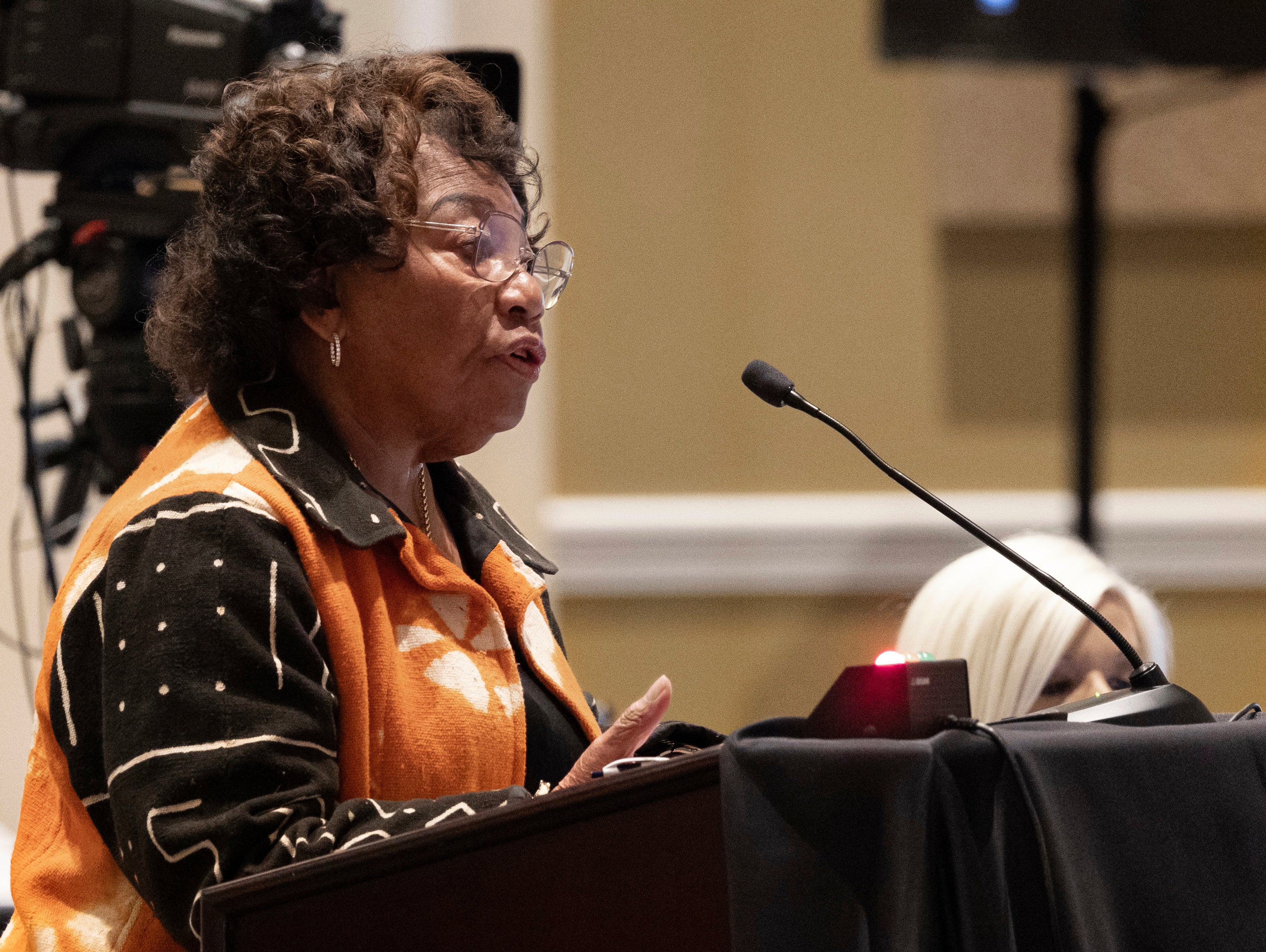 Florida Democratic state Senator Geraldine Thompson speaks out against controversial recommendations for African American history lessons approved b Florida’s Board of Education on 19 July