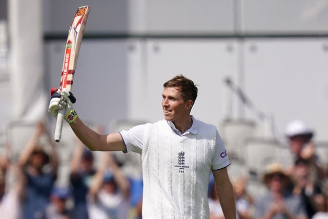 England’s Zak Crawley celebrates reaching his century on day two of the fourth LV= Insurance Ashes Series test match at Emirates Old Trafford, Manchester. Picture date: Thursday July 20, 2023.