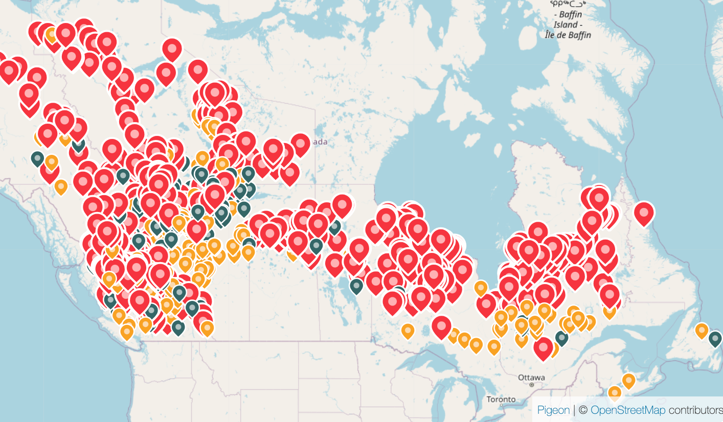 A map of the fires burning across Canada on 20th July
