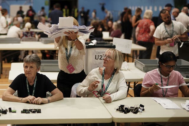 Ballots are counted at at Queensmead Sports Centre in South Ruislip, west London after voting at the poll stations closed in the Uxbridge and South Ruislip by-election, called following the resignation of former prime minister Boris Johnson (PA)