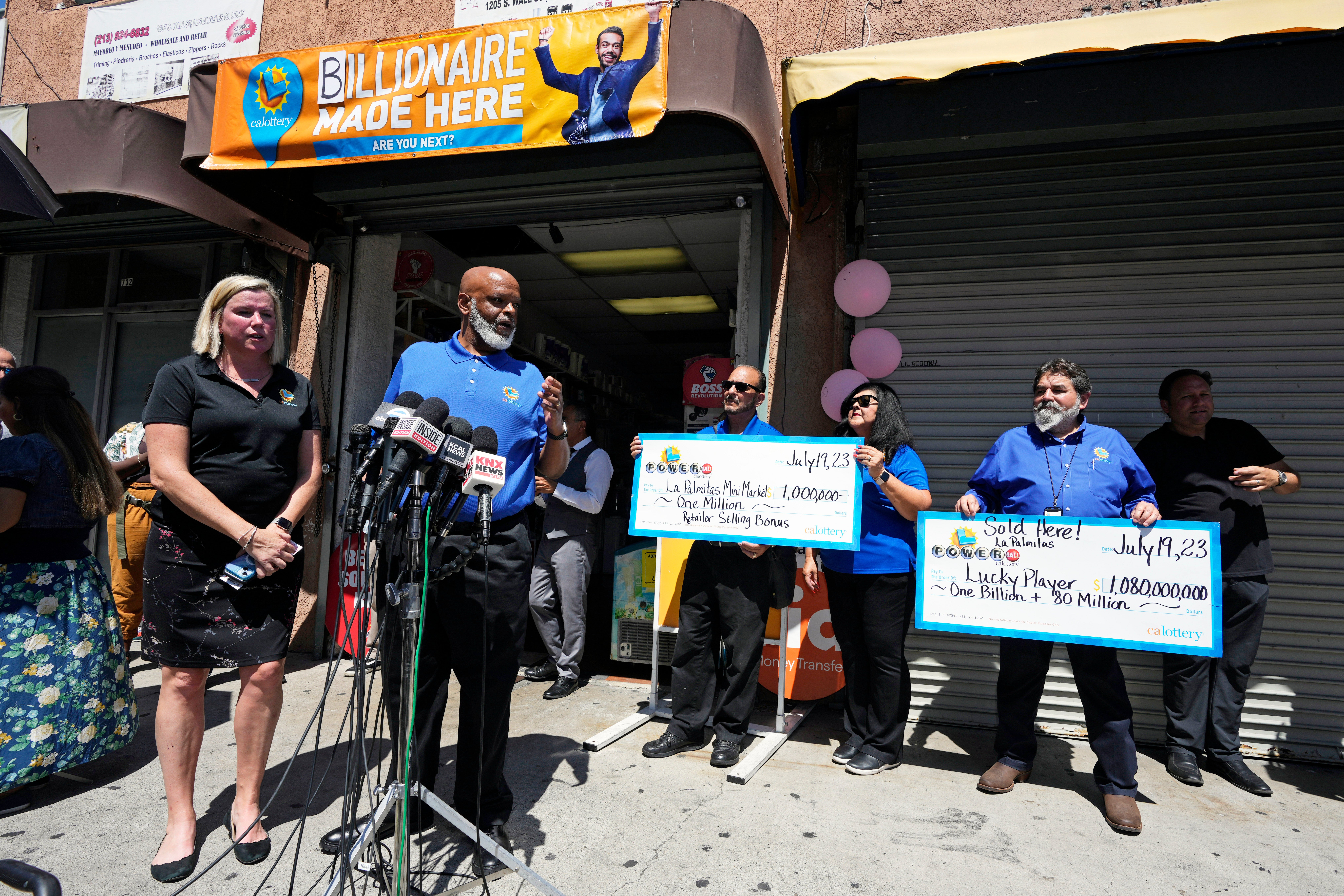 California State Lottery spokesperson Carolyn Becker speaks during a news conference outside the Las Palmitas Mini Market