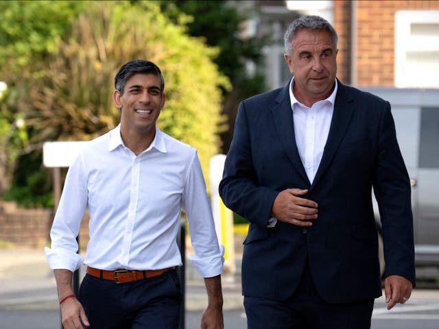 <p>Rishi Sunak with newly elected Tory MP Steve Tuckwell in Uxbridge</p>