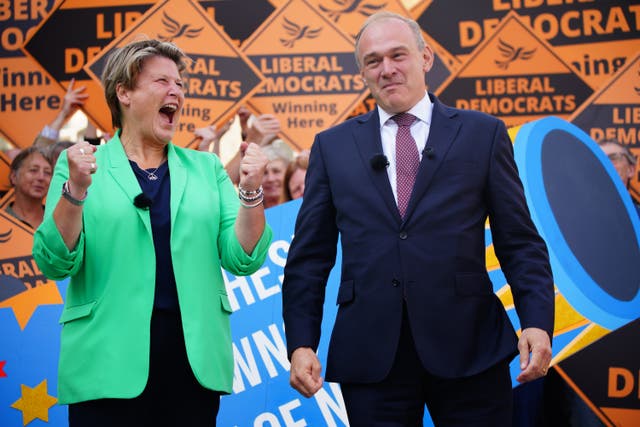 Newly elected Liberal Democrat MP Sarah Dyke with party leader Sir Ed Davey in Frome, Somerset (Ben Birchall/PA)