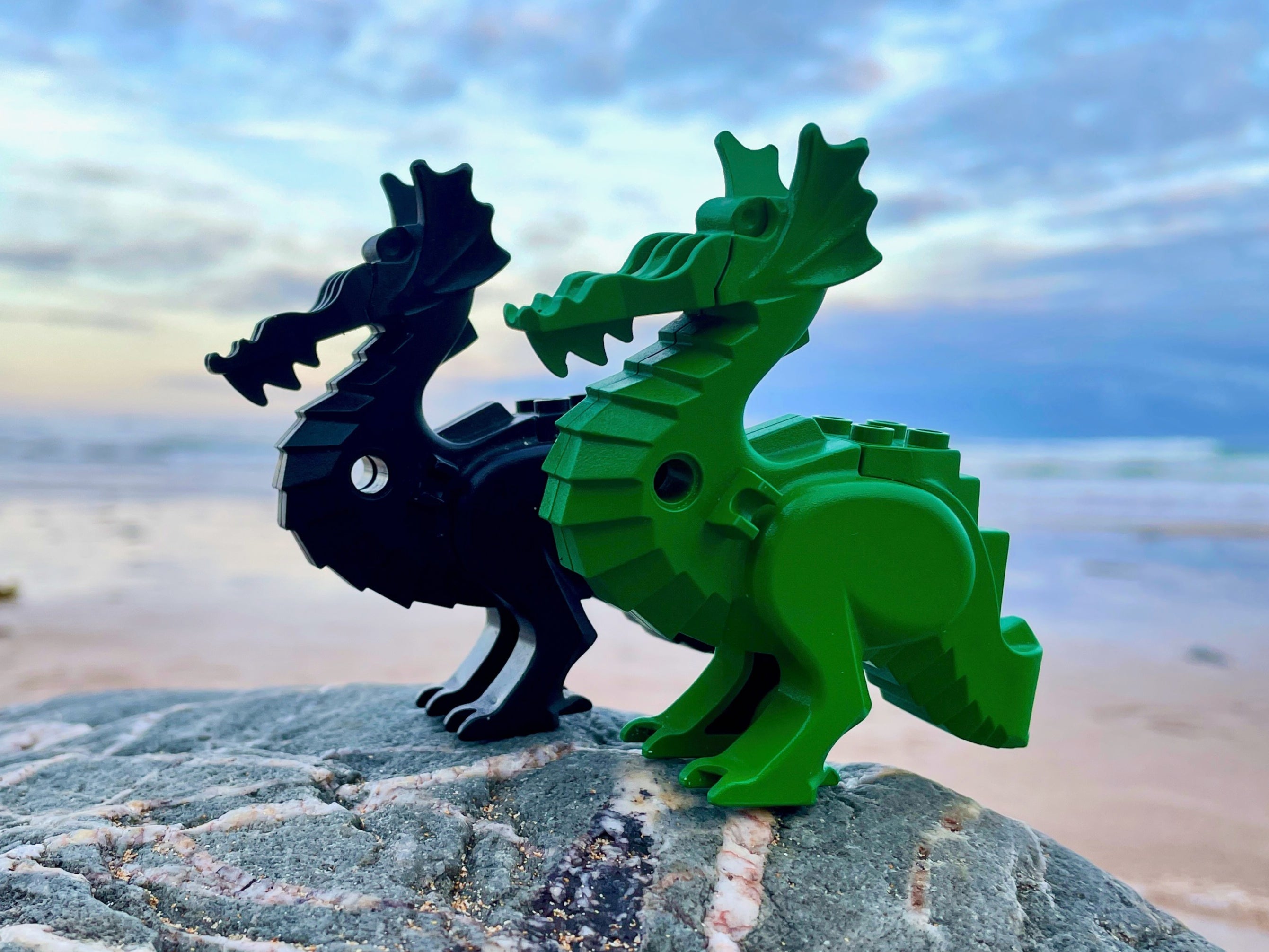 A black dragon and a rare green one, missing their arms, wings and tails
