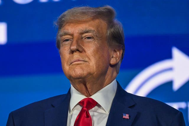 <p>Former US President and 2024 presidential hopeful Donald Trump speaks at the Turning Point Action USA conference in West Palm Beach, Florida, on July 15, 2023</p>
