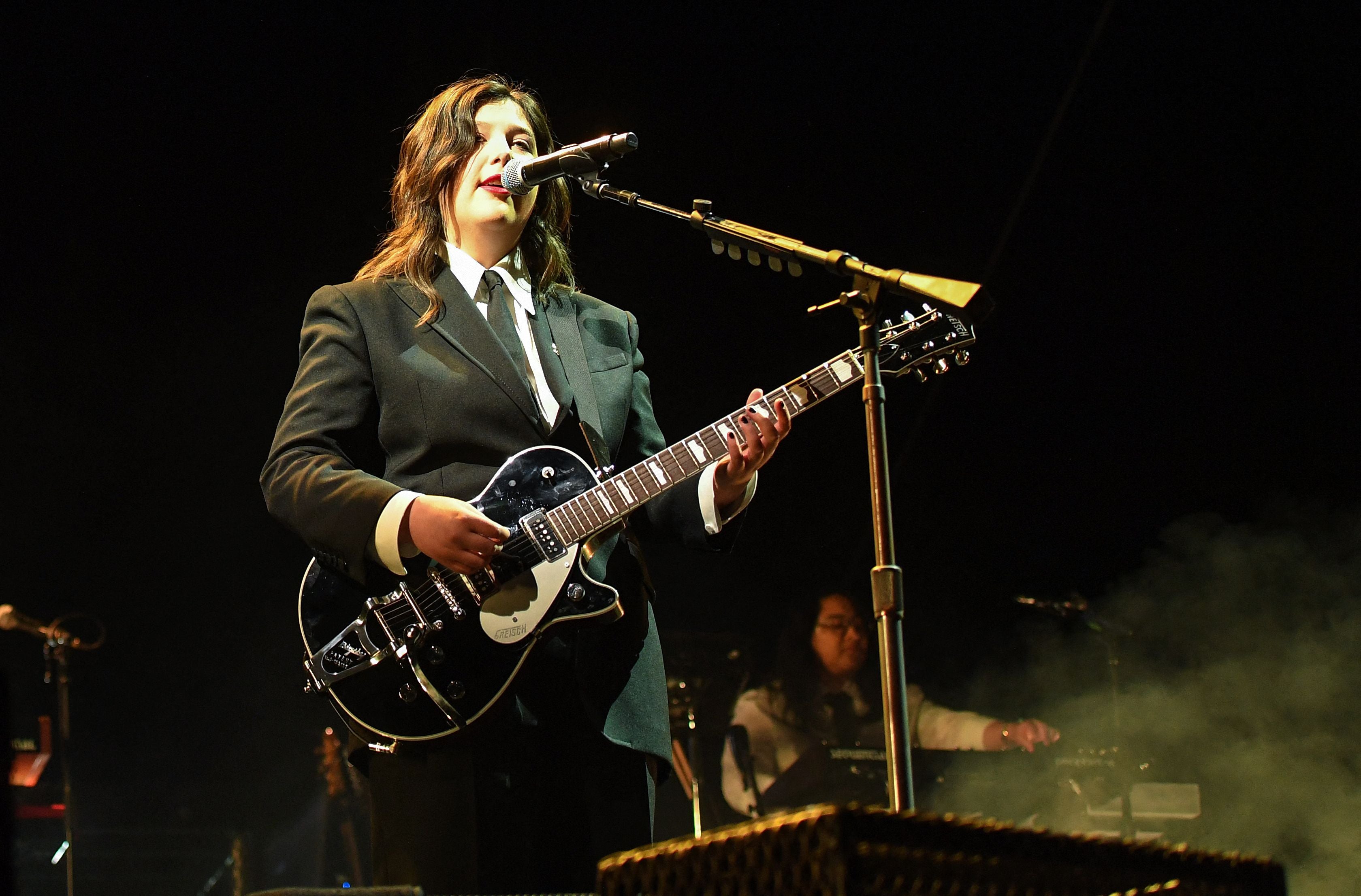 Musician Lucy Dacus from Boysgenius performs on the Coachella stage during the first weekend of the Coachella Valley Music and Arts Festival in Indio, California, on April 15, 2023.