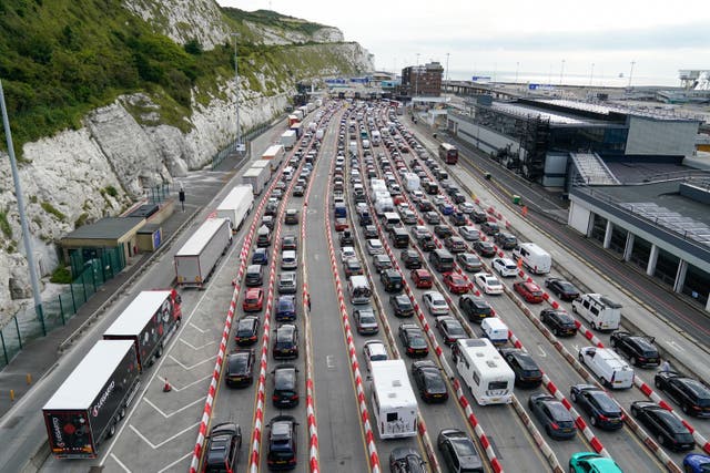 Lorries and cars queue at the Port of Dover, Kent, as the busy summer travel period gets underway. Picture date: Saturday July 22, 2023.