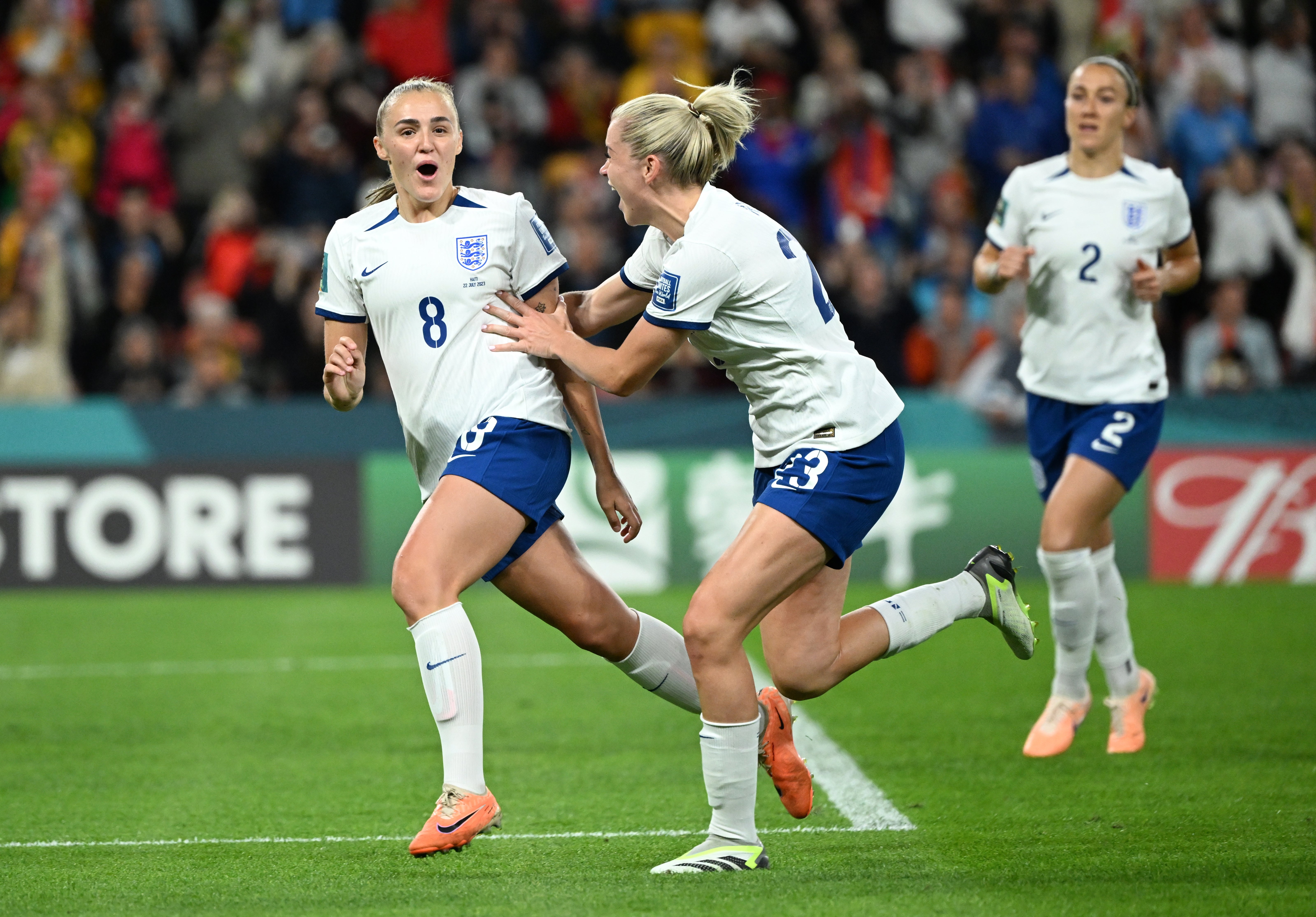 Georgia Stanway of England celebrates scoring a goal with Alessia Russo