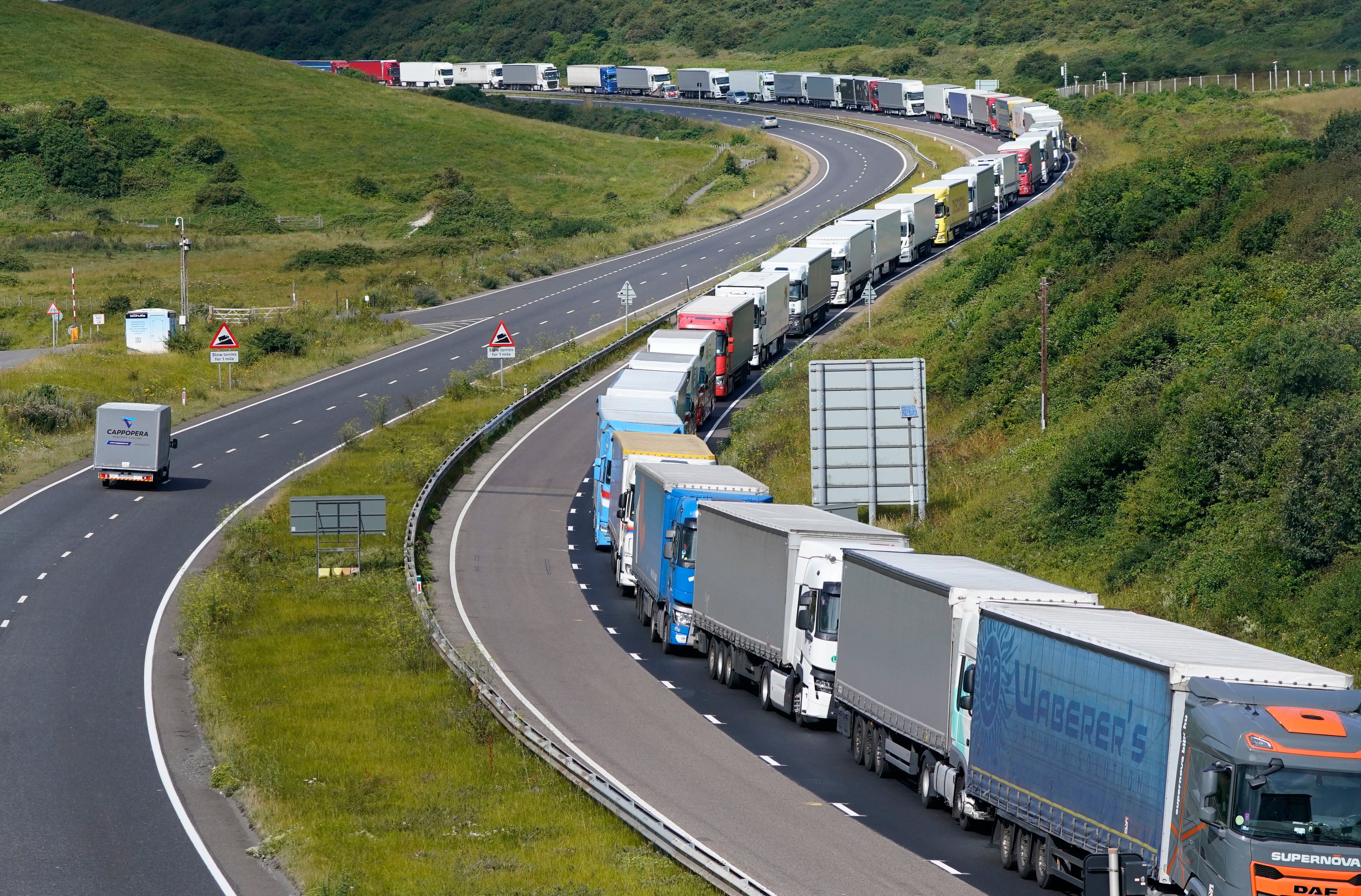 Lorries queue along the A20 as they wait to enter the Port of Dover in July