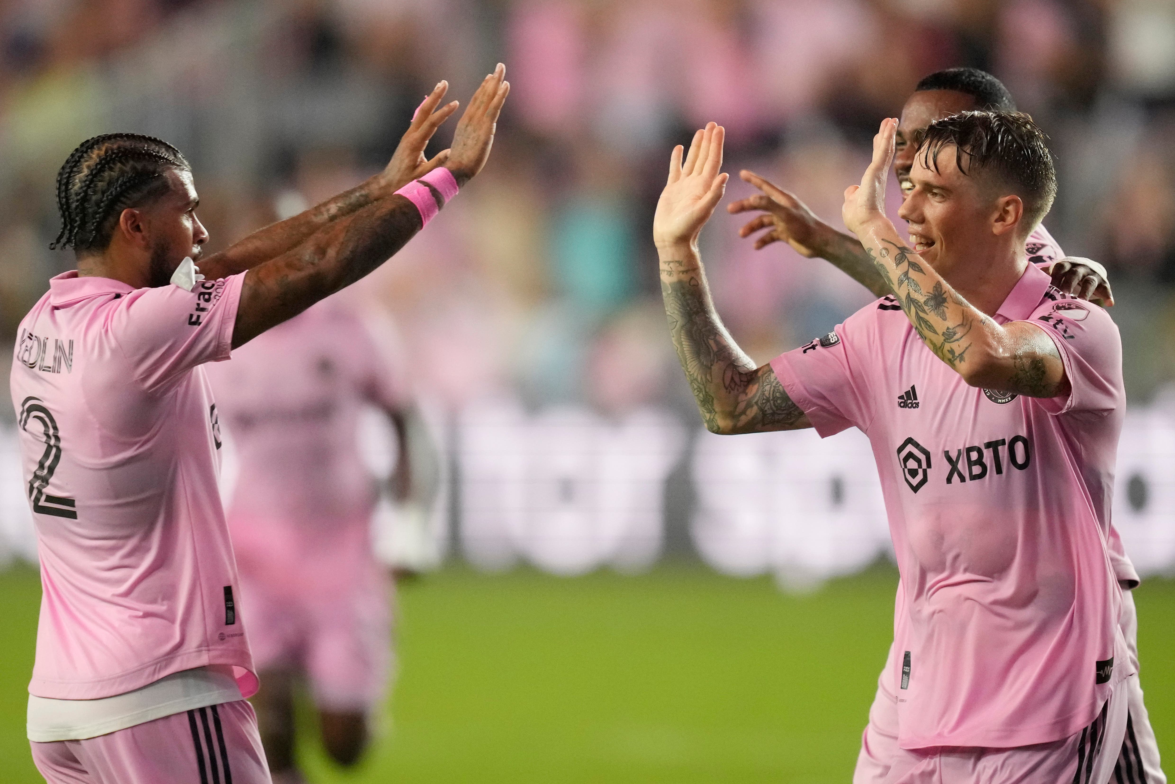 Robert Taylor is congratulated after opening the scoring for Inter Miami (Rebecca Blackwell/AP)