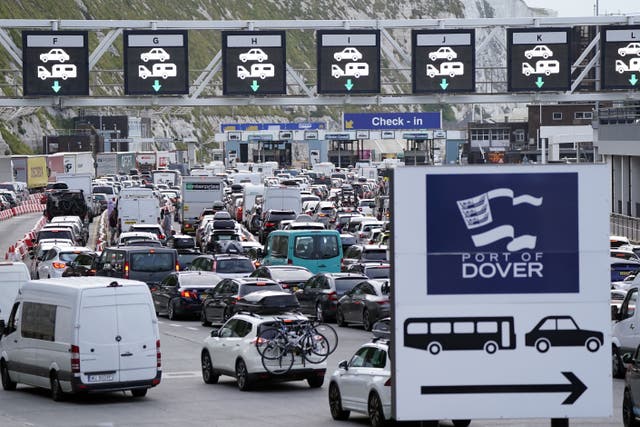 Lorries and cars queue at the Port of Dover (Andrew Matthews/PA)