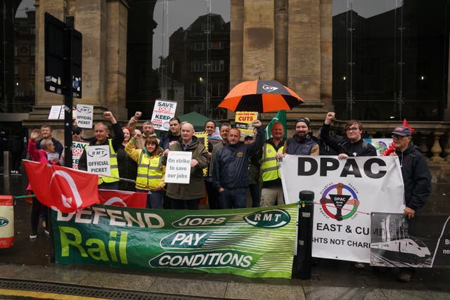 RMT general secretary Mick Lynch joins the picket line outside Newcastle Central station (Owen Humphreys/PA)