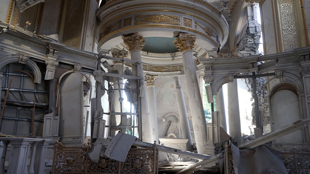 The interior of the damaged Transfiguration Cathedral