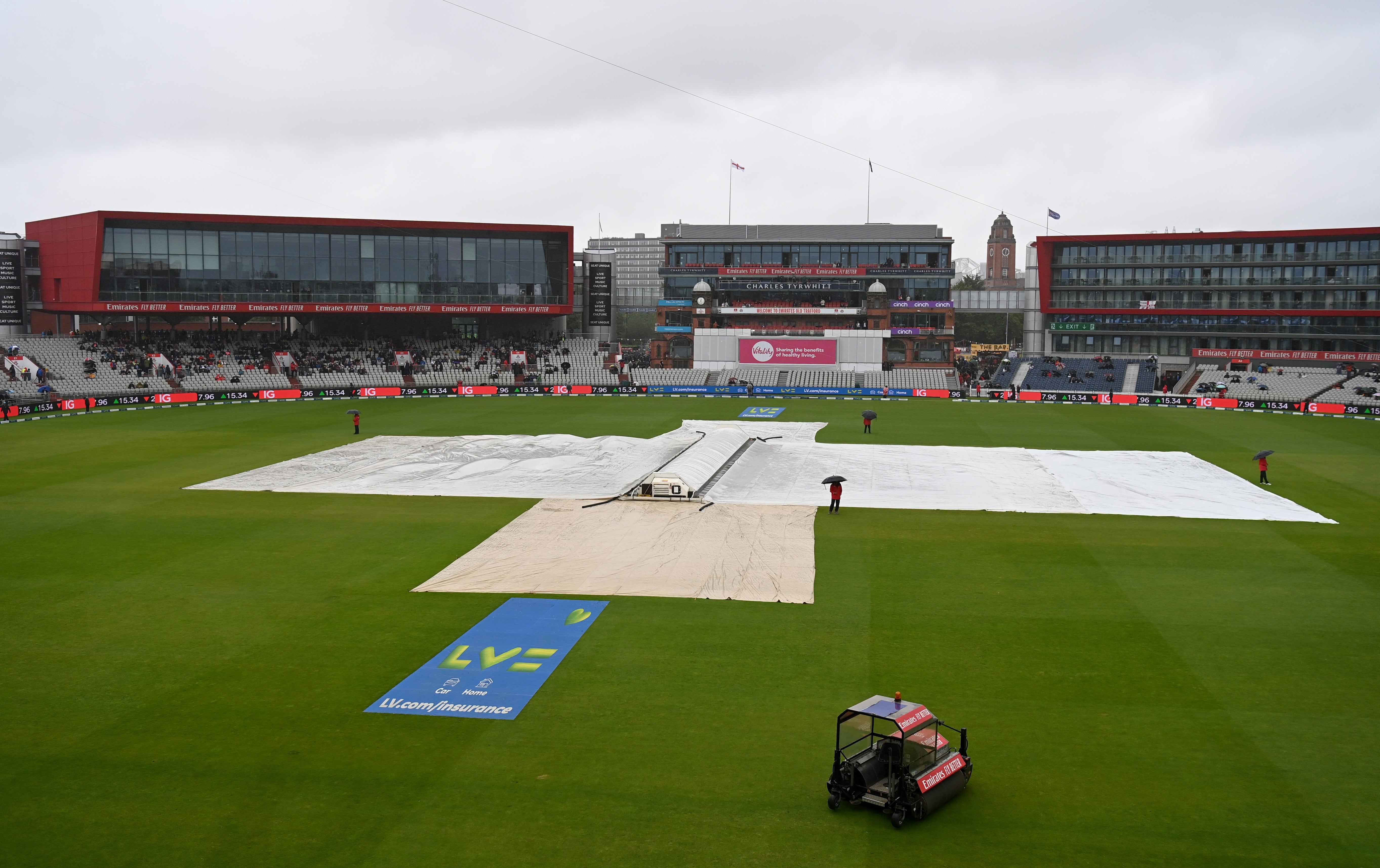 The covers cover the square as rain delays the start of day five of the Ashes