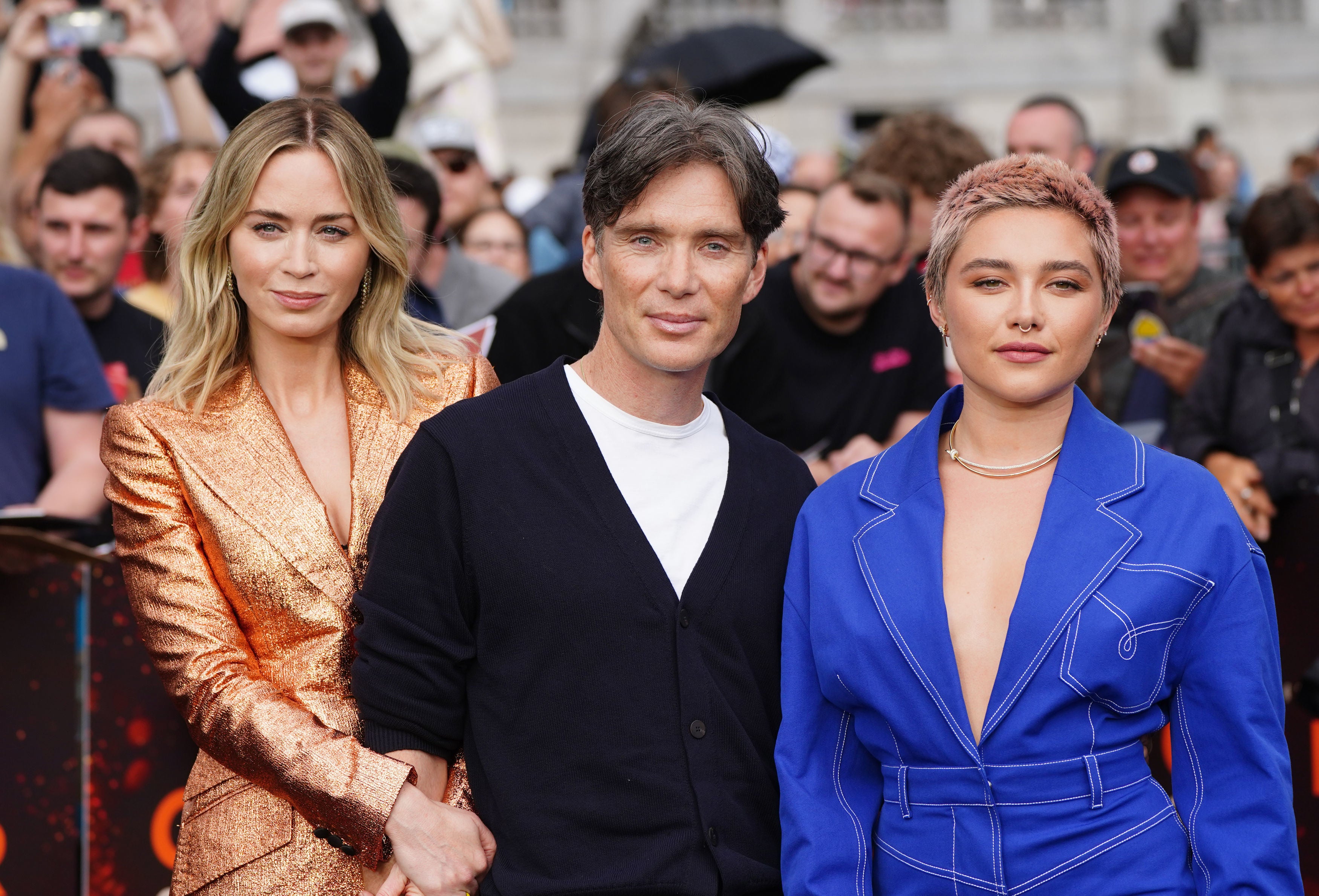 Emily Blunt, Cillian Murphy and Florence Pugh, arriving for the photo call for Oppenheimer at Trafalgar Square in London.