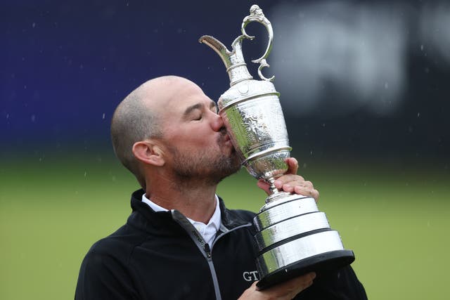 <p>Brian Harman of the USA celebrates winning the British Open Golf Championship in Hoylake</p>