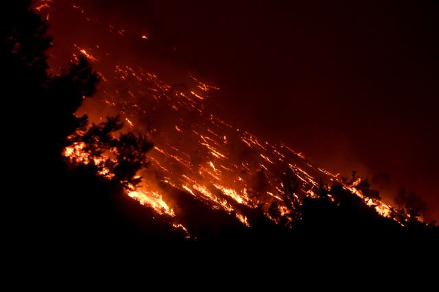<p>A wildfire burns at the Trapeza village in Achaia Peloponnese, Greece, in July 2023 – the hottest month on record </p>